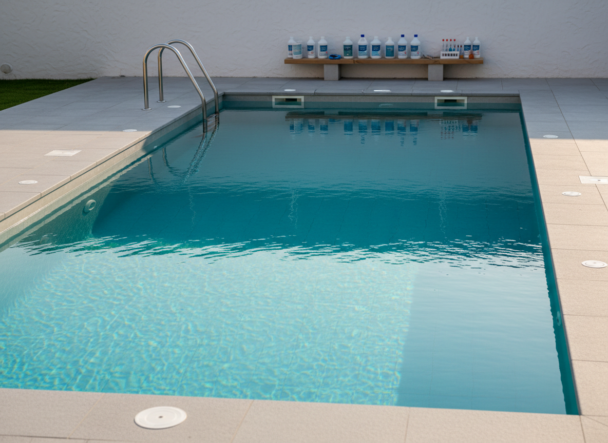 A luxurious, crystal-clear outdoor swimming pool with shimmering turquoise water, surrounded by immaculate light-gray stone decking. Stainless steel ladders gleam at the corners, and perfectly aligned white skimmer covers and return jets subtly punctuate the pool edge, highlighting professional installation. In the background, neatly arranged pool chemical containers and testing equipment sit on a low, modern shelf near a white rendered wall. Captured in soft late-afternoon natural light, reflections ripple across the water surface and cast gentle patterns on the deck. Photographic realism at eye level, with a slight wide-angle view and sharp focus throughout, conveys a clean, professional, trustworthy atmosphere suitable for a high-end pool services business homepage.